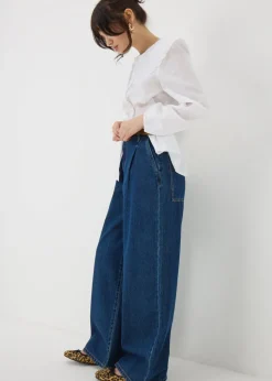 Blue Dark Wash Pleat Wide Leg Jeans