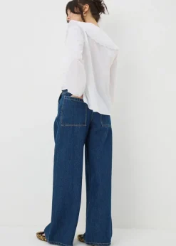 Blue Dark Wash Pleat Wide Leg Jeans