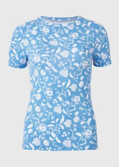 Blue Floral Print Fitted T-Shirt