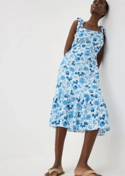 Blue Floral Tie Midi Dress