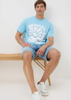 Blue Graphic Stencil Detail T-Shirt