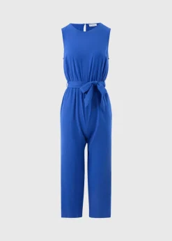 Blue Linen Blend Tie Waist Jumpsuit