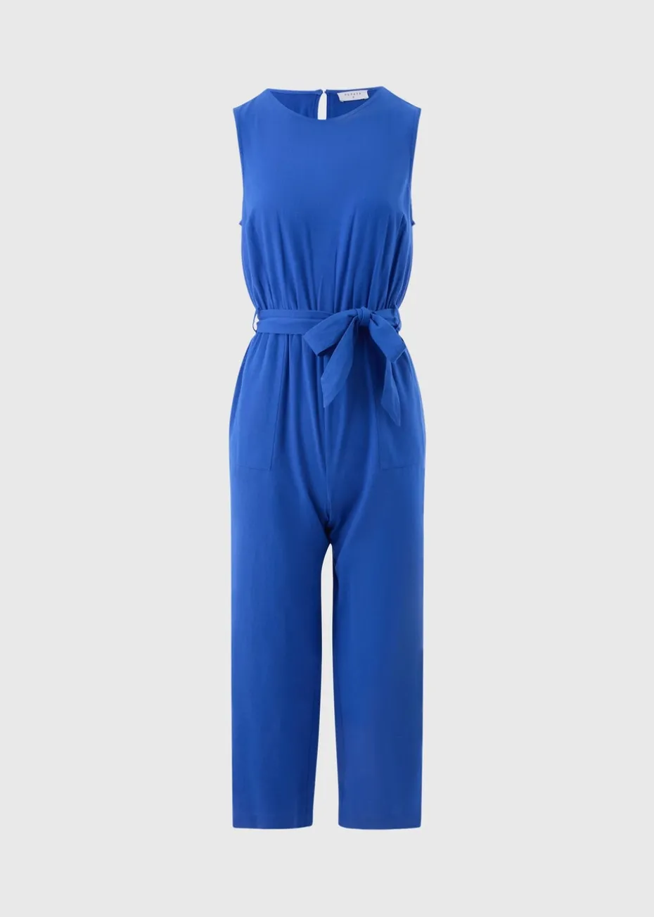 Blue Linen Blend Tie Waist Jumpsuit