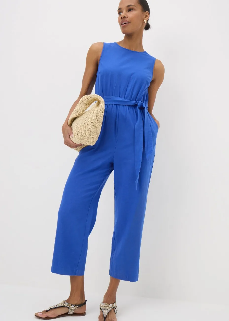 Blue Linen Blend Tie Waist Jumpsuit
