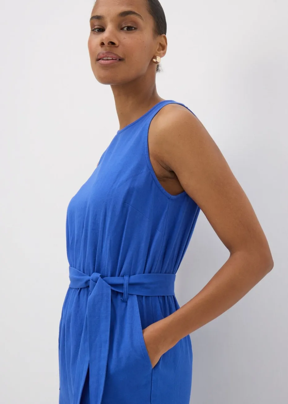 Blue Linen Blend Tie Waist Jumpsuit