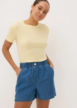 Blue Mid Wash Cotton Paper Bag Shorts