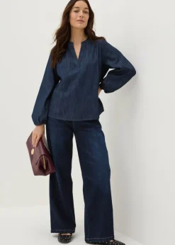 Blue Notched Neck Blouse