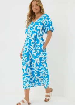 Blue Patterned Tie Waist Midi Dress