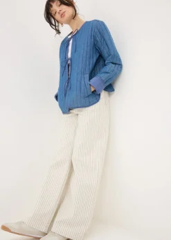 Blue Quilted Denim Tie Front Jacket