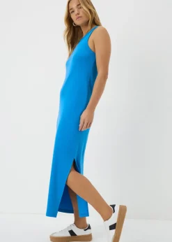 Blue Racer Back Ribbed Midi Dress
