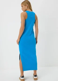Blue Racer Back Ribbed Midi Dress