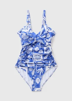 Blue Shapewear Beach Print Swimsuit