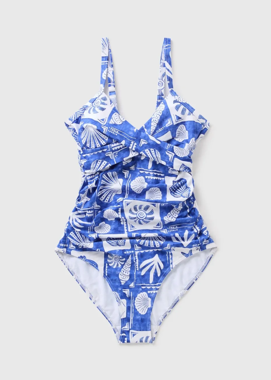 Blue Shapewear Beach Print Swimsuit