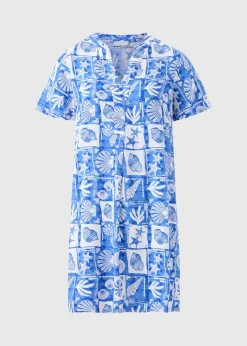 Blue Shell Pattern Popover Tunic Dress
