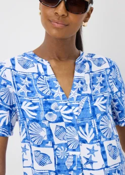Blue Shell Pattern Popover Tunic Dress