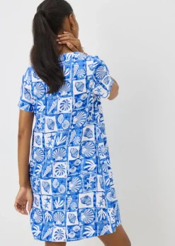 Blue Shell Pattern Popover Tunic Dress