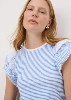 Blue Stripe Broderie Frill Sleeve T-Shirt