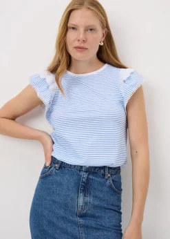Blue Stripe Broderie Frill Sleeve T-Shirt