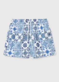 Blue Textured Tile Print Swim Shorts