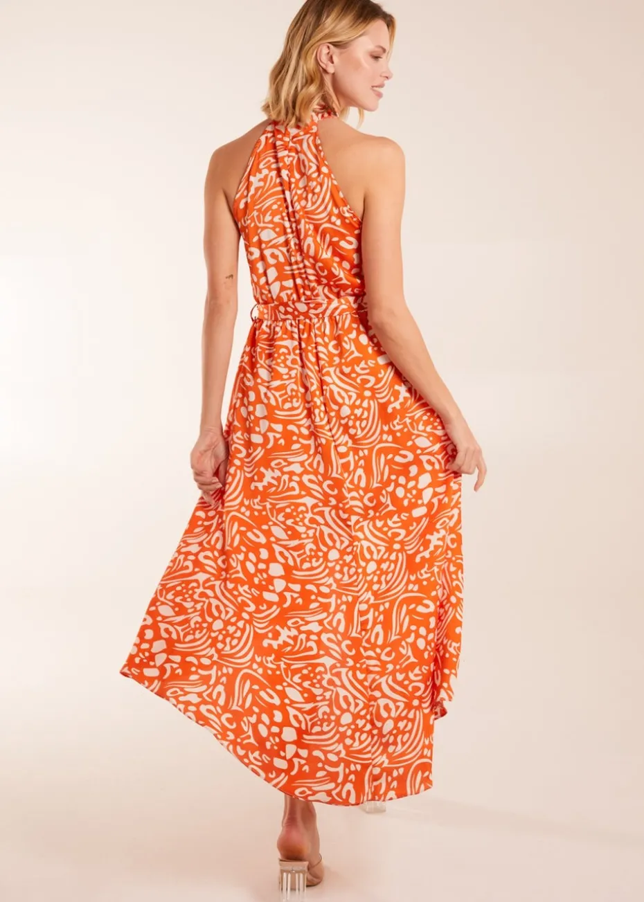 Blue Vanilla Abstract Print Halter Neck Midi Wrap Dress