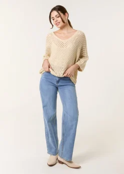 Blue Vanilla Beige Crochet V Neck Jumper