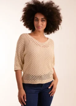 Blue Vanilla Beige Crochet V Neck Top