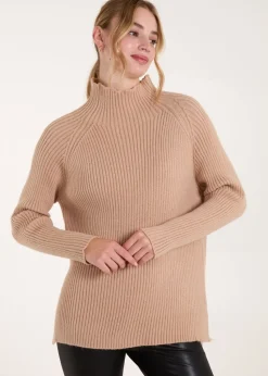Blue Vanilla Beige Double Hem Detail High Neck Jumper