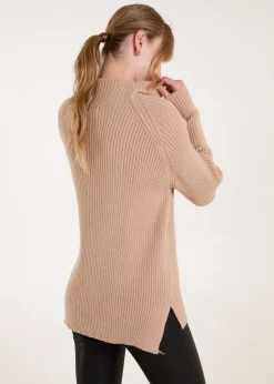 Blue Vanilla Beige Double Hem Detail High Neck Jumper