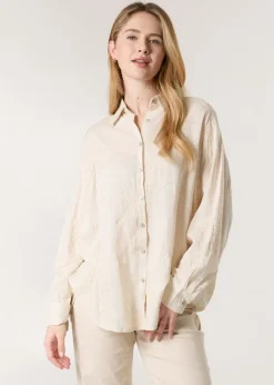 Blue Vanilla Beige Embroidered Linen Shirt
