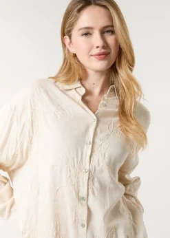 Blue Vanilla Beige Embroidered Linen Shirt