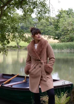 Blue Vanilla Beige Faux Fur Belted Coat