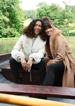 Blue Vanilla Beige Faux Fur Belted Coat