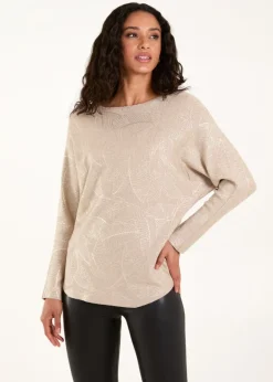 Blue Vanilla Beige Foil Leaf Print Round Neck Jumper
