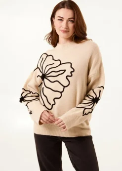 Blue Vanilla Beige Large Flower Embroidery Jumper