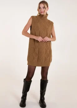 Blue Vanilla Beige Roll Neck Cable Knitted Oversized Sleeveless Jumper