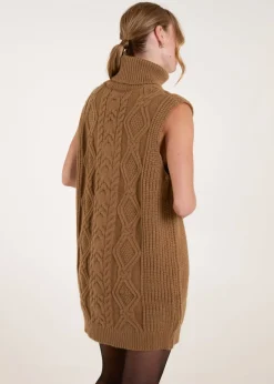 Blue Vanilla Beige Roll Neck Cable Knitted Oversized Sleeveless Jumper
