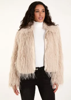 Blue Vanilla Beige Textured Faux Fur Collar Coat