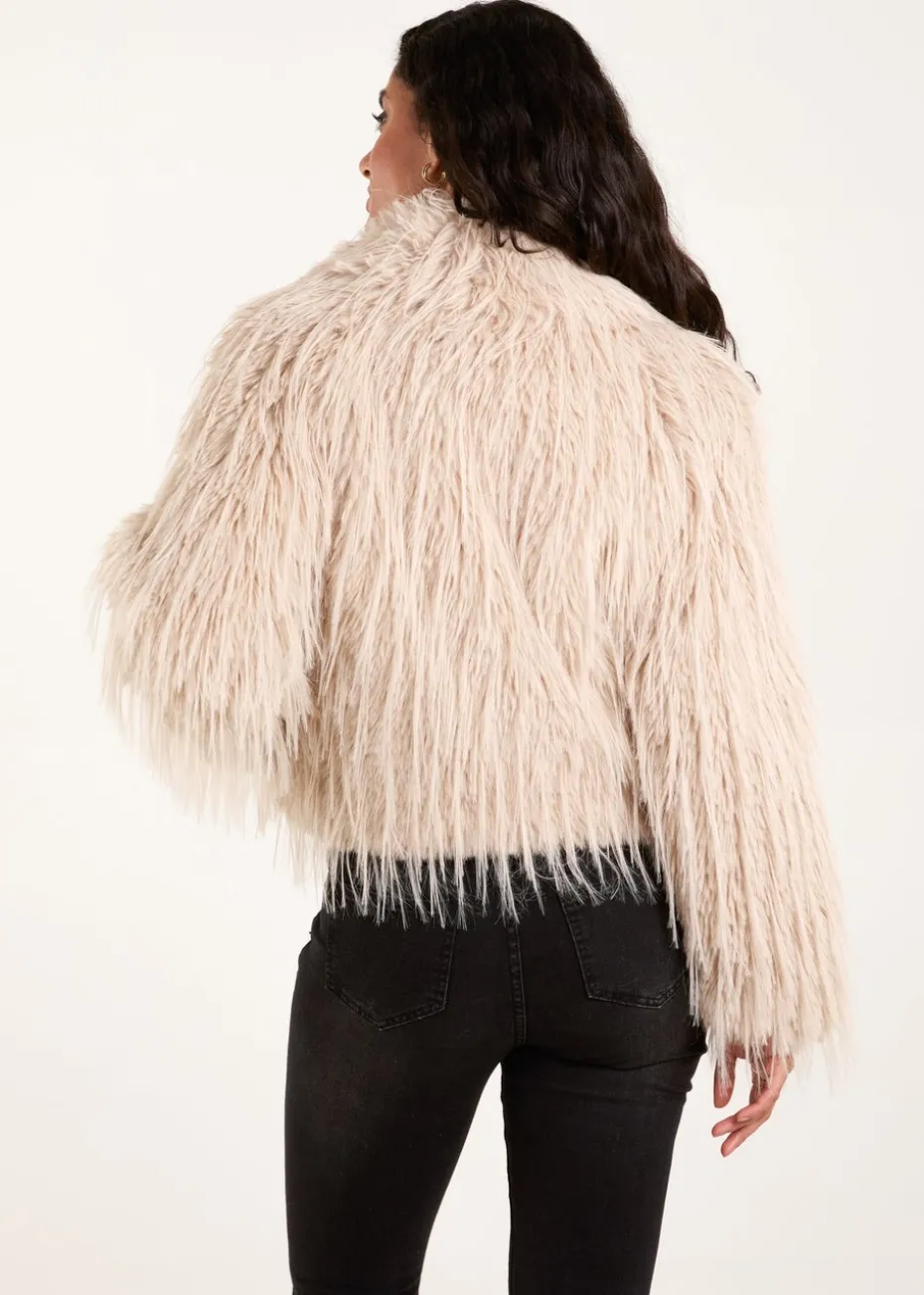 Blue Vanilla Beige Textured Faux Fur Collar Coat