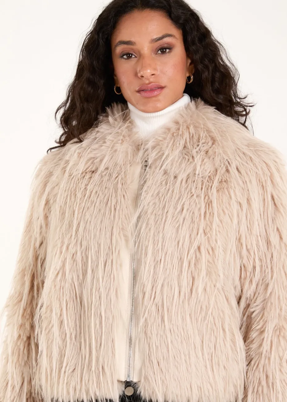 Blue Vanilla Beige Textured Faux Fur Collar Coat