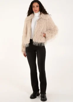 Blue Vanilla Beige Textured Faux Fur Collar Coat