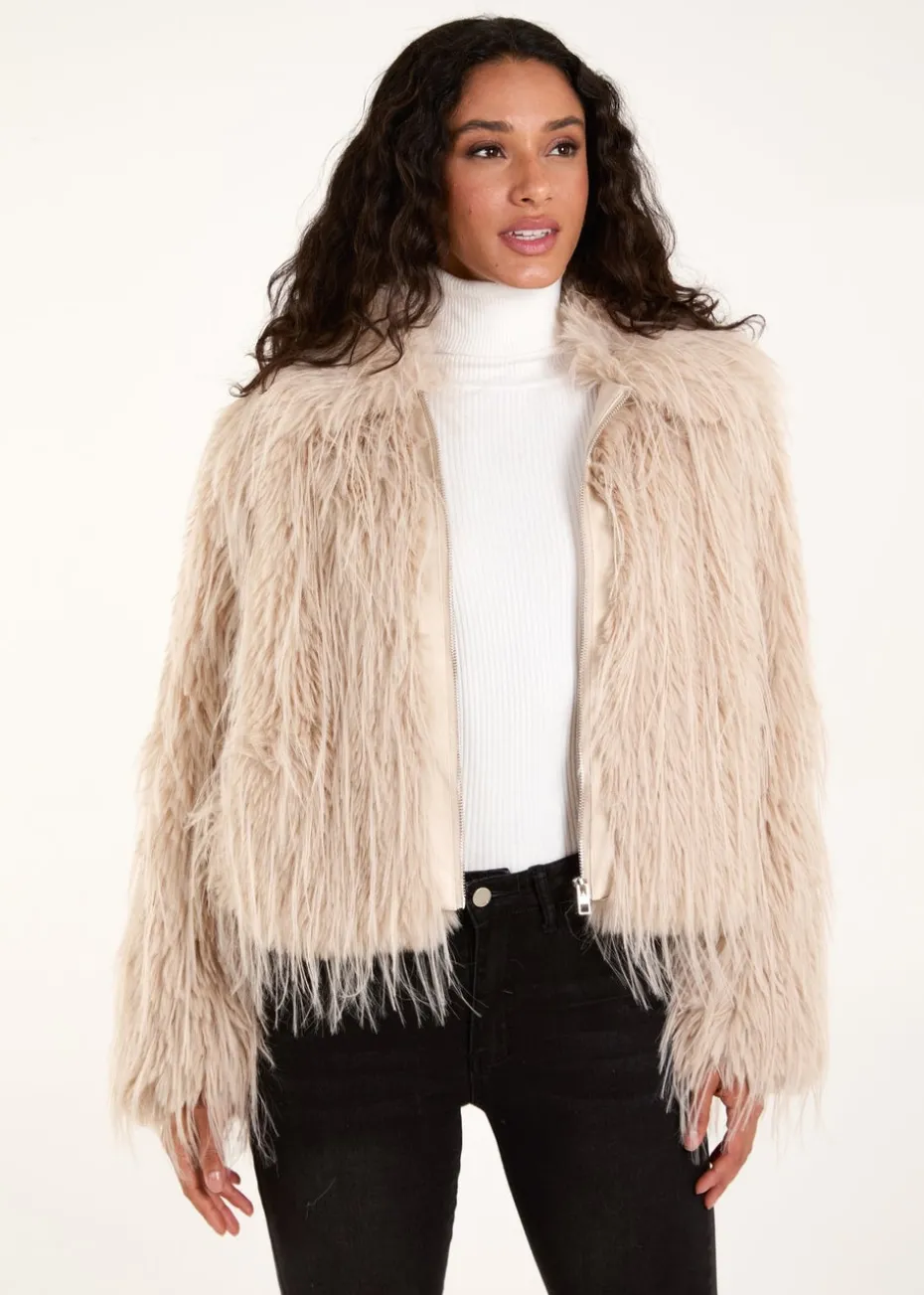 Blue Vanilla Beige Textured Faux Fur Collar Coat