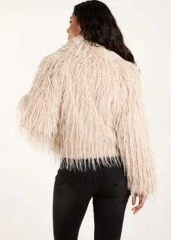 Blue Vanilla Beige Textured Faux Fur Collar Coat