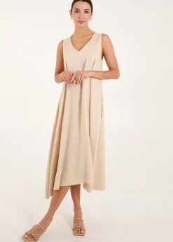 Blue Vanilla Beige V Neck Midi Dress