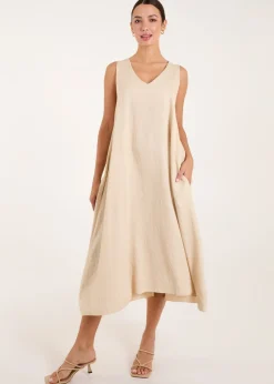 Blue Vanilla Beige V Neck Midi Dress