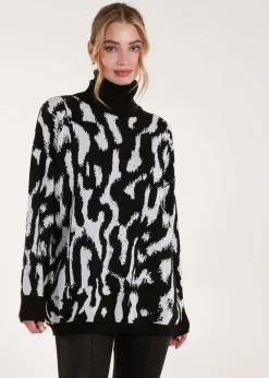 Blue Vanilla Black Abstract Animal Roll Neck Jumper