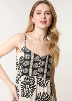 Blue Vanilla Black Abstract Strappy Button Front Maxi Dress