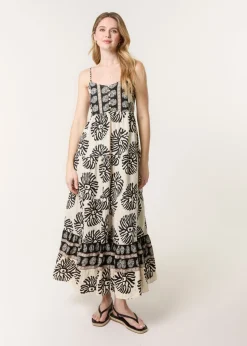 Blue Vanilla Black Abstract Strappy Button Front Maxi Dress