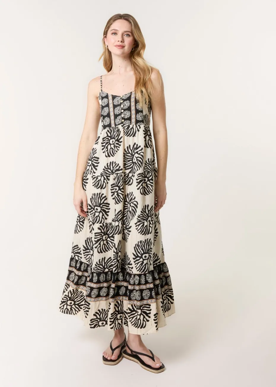 Blue Vanilla Black Abstract Strappy Button Front Maxi Dress