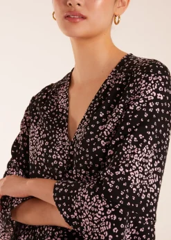 Blue Vanilla Black Button Front V Neck Flounce Blouse