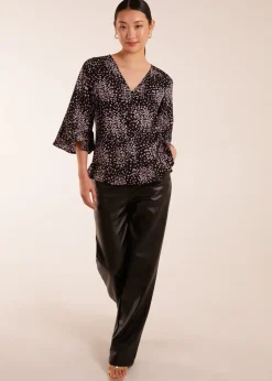 Blue Vanilla Black Button Front V Neck Flounce Blouse